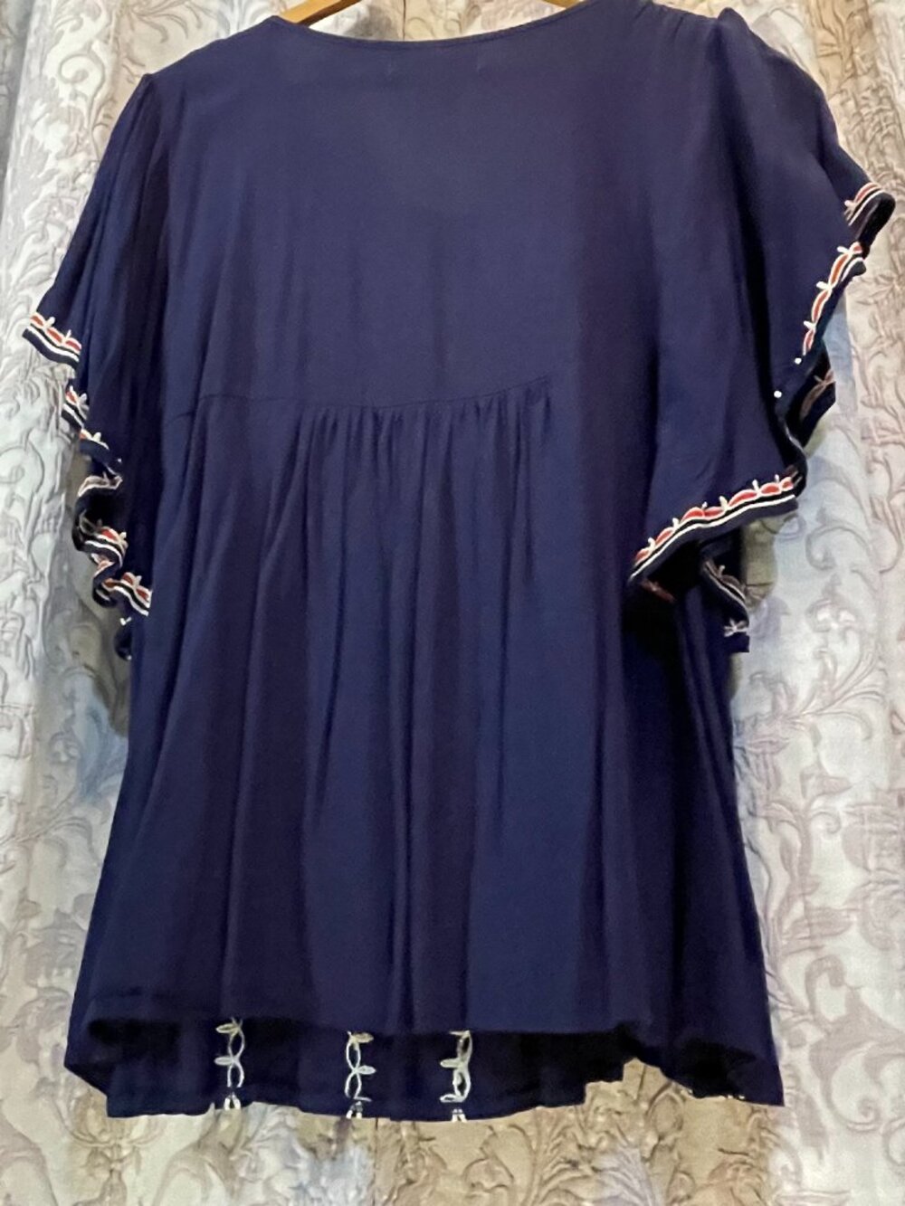 Boho Med. Urban Mangoz Navy/Red/Ivory Womens Embroidered V-Neck Empire Waist Top - Picture 5 of 13